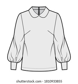 Long bishop sleeve blouse technical fashion illustration with round collar, back button-fastening keyhole. Flat shirt apparel template front, grey color. Women, men unisex top CAD mockup