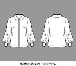 Long bishop sleeve shirt technical fashion illustration with round collar, front button-fastening, loose silhouette. Flat blouse apparel template front back white color. Women, men unisex top mockup