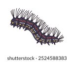 Long black caterpillar crawls. Hairy insect with a very bright spotted pattern and many legs. Centipede. Pest of fruit plants. Side view. Cartoon style Vector illustration isolated on white background