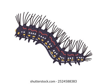 Long black caterpillar crawls. Hairy insect with a very bright spotted pattern and many legs. Centipede. Pest of fruit plants. Side view. Cartoon style Vector illustration isolated on white background