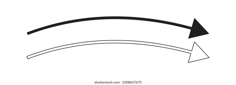 Long black curved arrows. A set of two arrows pointing up left and up right. Trendy black arrows in a flat style. Vector illustration.