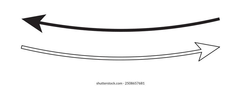 Long black curved arrows. A set of two arrows pointing up left and up right. Trendy black arrows in a flat style. Vector illustration.