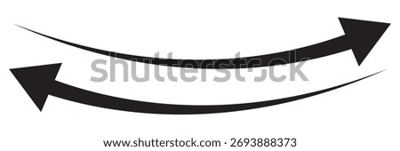 Long black curved arrows. A set of arrows pointing up left and up right. Trendy black arrows in a flat style. Horizontal straight arrow .Black arrow icon isolated on white background.
