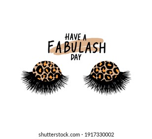 Long black lashes vector illustration. Leopard print eyeshadow. Beautiful Eyelashes isolated on white. For beauty salon, lash extensions maker. Closed eyes. Fashion illustration.