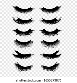 Long black lashes vector set. Different types Beautiful Eyelashes isolated on background. For beauty salon, lash extensions makers. Closed eyes.