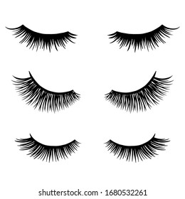 Long black lashes vector set. Different types Beautiful Eyelashes isolated on white background. For beauty salon, lash extensions makers. Closed eyes.