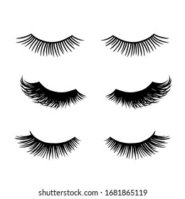 Long black lashes vector set. Different types Beautiful Eyelashes isolated on white background. For beauty salon, lash extensions makers. Closed eyes.