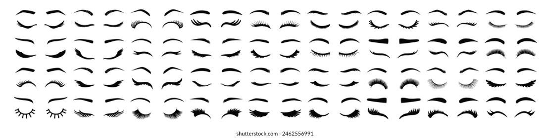 Long black lashes vector set illustration. Pretty beauty closed eyes girl with shiny beautiful black eyelashes. 