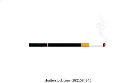 Long black retro cigarette holder with a lit cigarette and thin wisps of smoke is isolated on a clean white background.