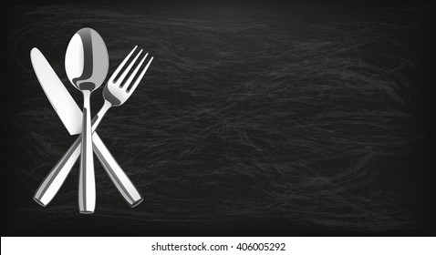 Long blackboard background with knife, fork and spoon. Eps 10 vector file.