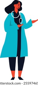 A Long black-haired female doctor with bangs wearing a Tosca blue doctor's and a black stethoscope, with a pose like explaining something. Vector illustration with EPS 10 format.