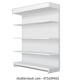 Long Blank Empty Showcase Display With Retail Shelves. Perspective View 3D. Illustration Isolated On White Background. Mock Up Template Ready For Your Design. Product Advertising. Vector EPS10