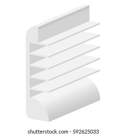 Long Blank Empty Showcase Display With Retail Shelves. Perspective View 3D. Illustration Isolated On White Background. Mock Up Template Ready For Your Design. Product Advertising. Vector EPS10