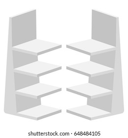 Long Blank Empty Showcase Display With Retail Shelves. Perspective View 3D. Illustration Isolated On White Background. Mock Up Template Ready For Your Design. Product Advertising. Vector EPS10