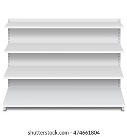 Long Blank Empty Showcase Displays With Retail Shelves Front View 3D Products On White Background Isolated. Ready For Your Design. Product Advertising. Vector EPS10