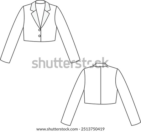 Long blazer technical drawing with zipper, tailored fit, clean lines, and modern formal style