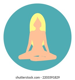 Long blonde hair girl sitting in meditation in blue circle isolated on white background. Logo icon for beauty sport relax business. Vector illustration flat design. In yoga lotus position silhouette.
