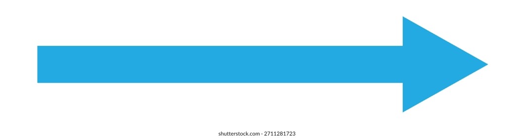 Seta longa azul apontando para a direita. Seta longa e reta apontando.  Ícone de vetor de seta longa fina. Uma seta longa e sólida apontando para um fundo branco.