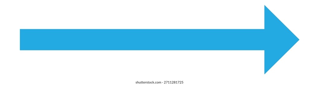Seta longa azul apontando para a direita. Seta longa e reta apontando.  Ícone de vetor de seta longa fina. Uma seta longa e sólida apontando para um fundo branco.