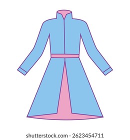 Long blue coat with pink lining and standing collar.