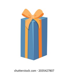 A long blue gift box with yellow bow