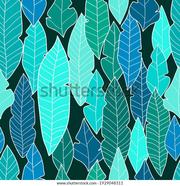 Long blue, green, turquoise leaves on a dark\
background. Seamless floral tropical pattern. Suitable for\
wallpaper, packaging,\
textile.