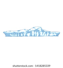 Long blue iceberg isolated on white background, ice mountain symbol for global warming and climate change, hand drawn cartoon sketch vector illustration.