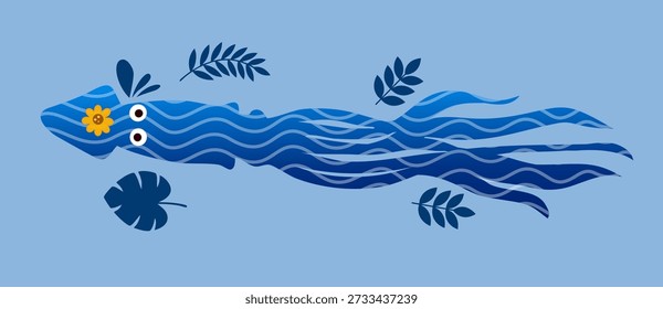 Larga forma de lagarto azul decorado con líneas onduladas y varias hojas verdes