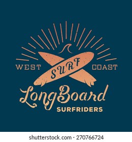 Long Board Surf Riders Abstract Retro Vector Label or Logo Template with Shabby Texture. Good for Posters, T-shirt Prints etc.