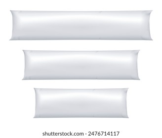 Long Body Pillows Set isolated on white background. Three white pillows for anti-stress and hugging. Different sizes. 3d vector realistic template. Ready for your design. Front view. EPS10. 