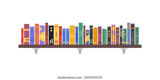 long bookshelf with colored books for bookstore. flat cartoon graphic modern design abstract element isolated on white. concept of collection of science, fiction or non-fiction books at home office