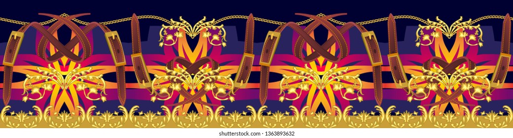 	
Long border with baroque motifs. Seamless vector pattern with golden chains, leather belts and other decorative elements. Women fashion collection. On dark background.