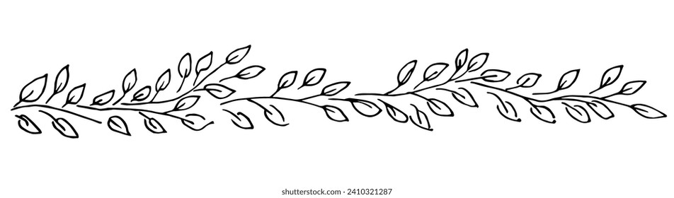 Long border, branches and leaves, spring foliage. Nature, eco products. Simple vector drawing with black outline. Garland, long banner. Sketch in ink.