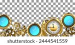 Long border with gold and brass gears and turquoise lenses on transparent background. Steampunk style.