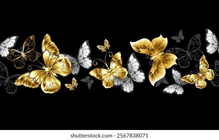 Long border of gold, shiny, jewelry and artistically drawn white butterflies on black background. Design with gold butterflies.