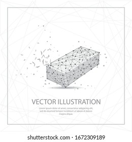 Long box digitally drawn in the form of broken a part triangle shape and scattered dots low poly wire frame.
