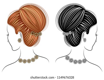 Long braid creative brown hair style isolated on white background. Vector illustaration set