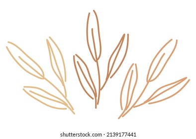 Long branch with leaves. Olive branch. Fresh leaves. Simple, doodle, modern style. Nature summer. Silhouette.