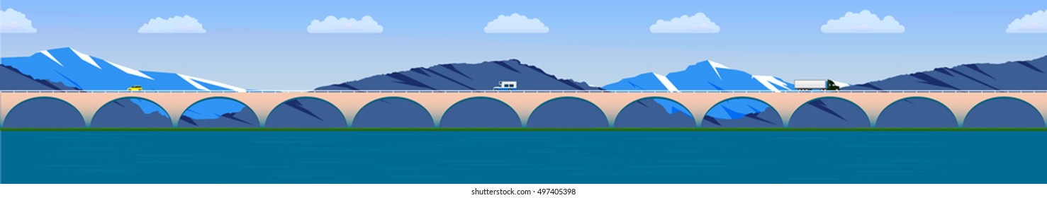long bridge. Freight transport in the world. Vector illustration.