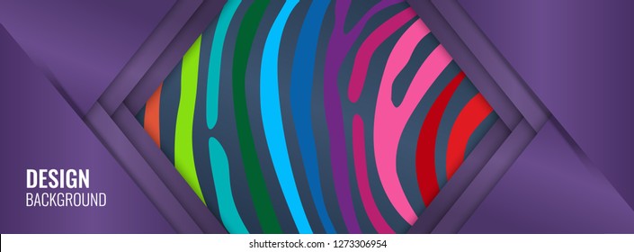 Long bright horizontal banner with rainbow lines. abstract color background. A colored sheet of paper with space under the text, on a striped backdrop. Vector illustration.