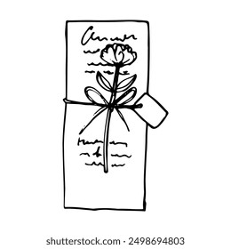 long brochure or menu tied with a string with a flower and a tag - Hand Drawn Doodle 