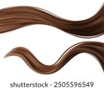 Long brown hair strand lock. Realistic 3d vector illustration set of waved smooth shiny female ponytail for shampoo and conditioner design. Strong healthy brunette curls for care and beauty concept.