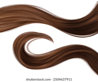 Long brown hair strand lock. Realistic 3d vector illustration set of waved smooth shiny female ponytail for shampoo and conditioner design. Strong healthy brunette curls for care and beauty concept.