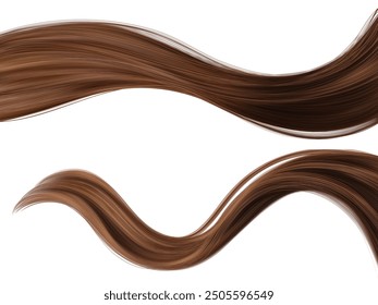 Long brown hair strand lock. Realistic 3d vector illustration set of waved smooth shiny female ponytail for shampoo and conditioner design. Strong healthy brunette curls for care and beauty concept.