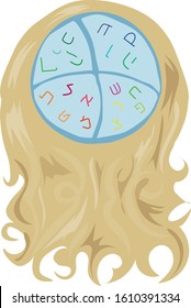 Long brown wavy hair with a cap. On the dome is the Hebrew alphabet. Background vector drawing for invitation for Jewish haircut for age 3.