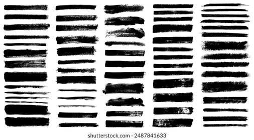 Long brush strokes vector set.  Paintbrush collection. Grunge design elements. Rich paper grain texture. Bundle of painted stripes with splatters