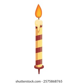 Long burning birthday candle with melting wax and spiral stripes is lit and ready to be blown out