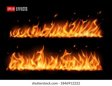 Long burning fire tongues, realistic vector flame with particles, flying sparks and embers. 3d fire design elements, burning blaze effect, glowing shining flare border isolated on black background