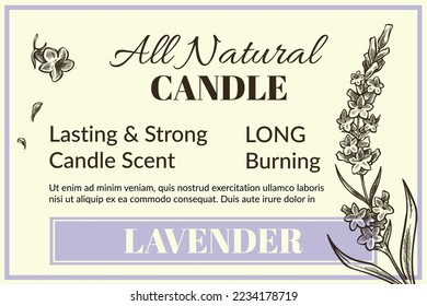 Long burning, lasting strong candle scent, all natural ingredients and organic lavender scent. Fragrance and aroma. Monochrome sketch outline, package for product. Promo banner, vector in flat style