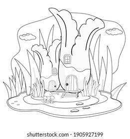 Larga casa de col en medio del bosque. Ilustración vectorial en blanco y negro para un libro de colores